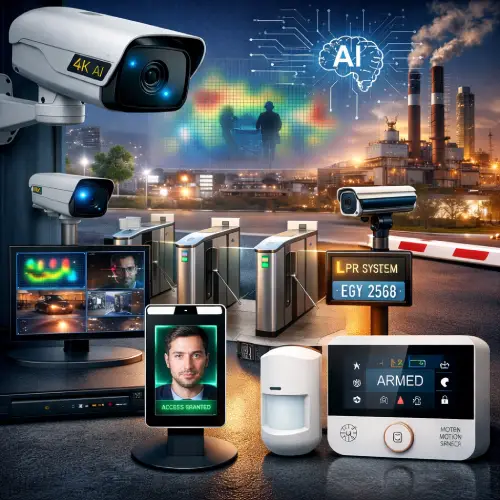 "Diagram showing AI analyzing security camera footage for integrated security systems 2026."