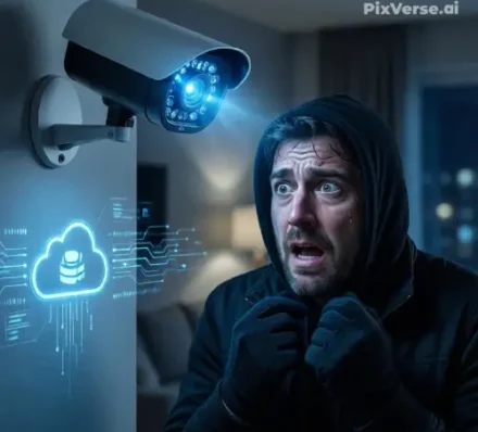PixVerse_Image_Effect_prompt_A dramatic cinema (1) Cloud-based smart surveillance camera detecting a burglar using AI-powered motion analysis