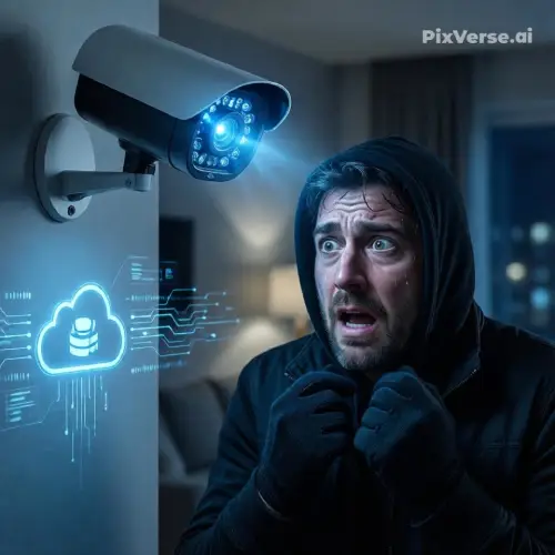 Cloud-based smart surveillance camera detecting a burglar using AI-powered motion analysis