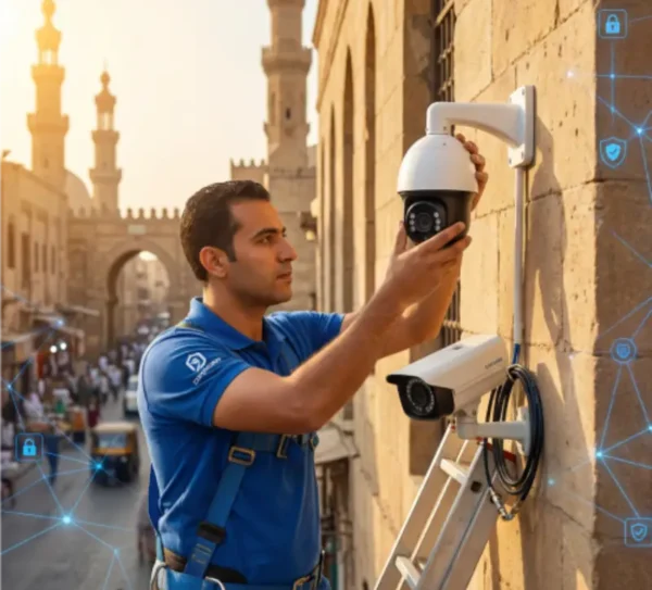 فني محترف يقوم بتركيب كاميرات المراقبة على مبنى في مصر - خدمات تركيب أنظمة المراقبة الأمنية 2026