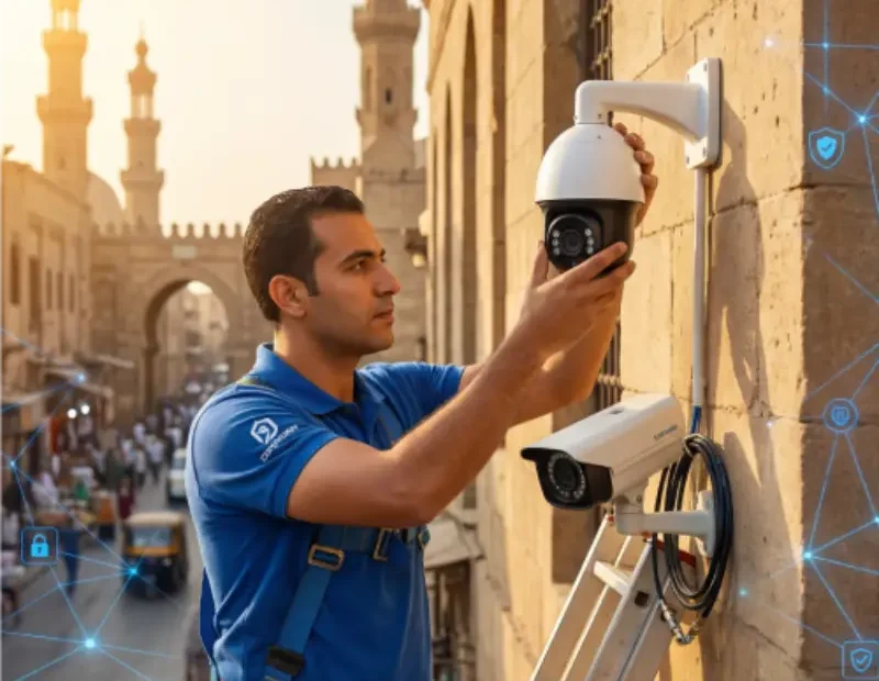 فني محترف يقوم بتركيب كاميرات المراقبة على مبنى في مصر - خدمات تركيب أنظمة المراقبة الأمنية 2026