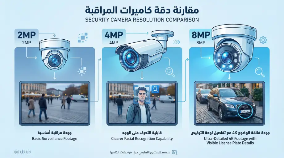 مقارنة دقة كاميرات المراقبة 2MP و 4MP و 8MP - اختيار الدقة المناسبة لنظام المراقبة الأمني
