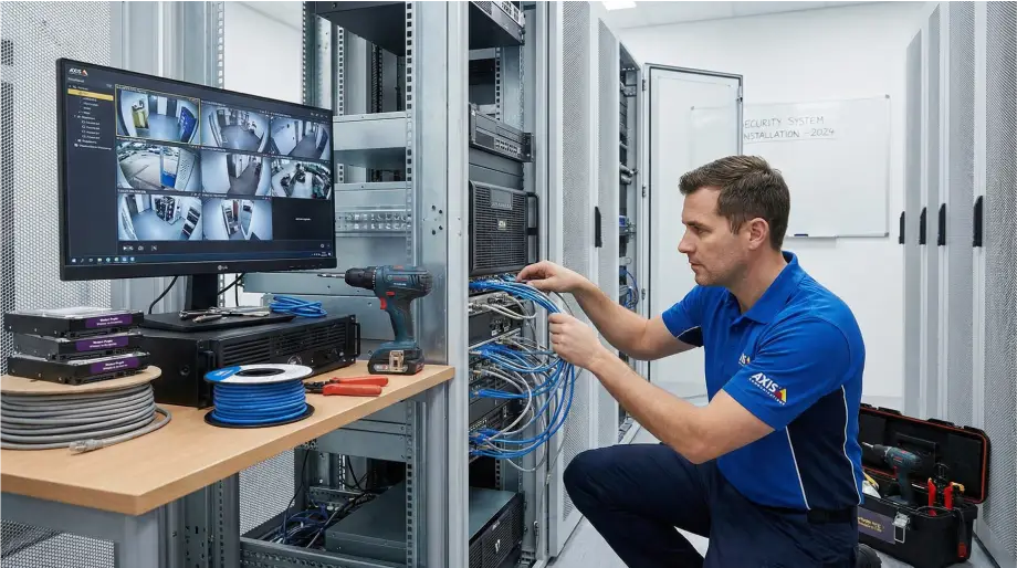 فني يقوم بتركيب نظام DVR كامل مع كابلات الشبكة والقرص الصلب - مكونات نظام كاميرات المراقبة المتكامل
