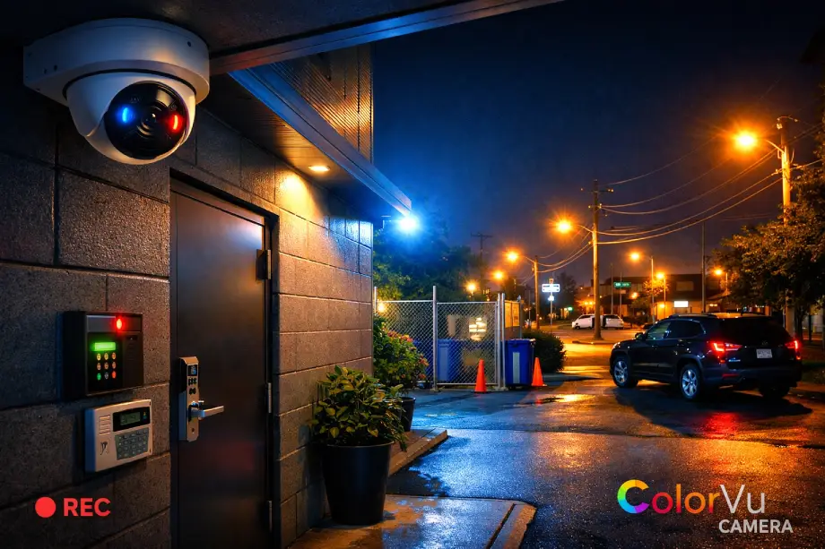 Security Camera System Guide for night vision showing Hikvision ColorVu technology with full-color outdoor recording
