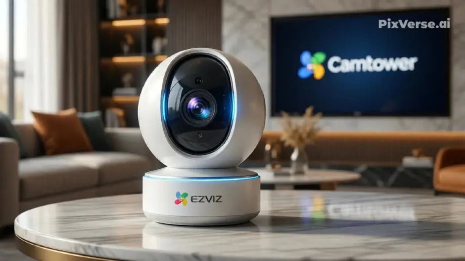 إظهار الكاميرا كقطعة تكنولوجية فاخرة في بيئة منزلية عصرية مع تأثيرات ضوئية توحي بالأمان والذكاء.