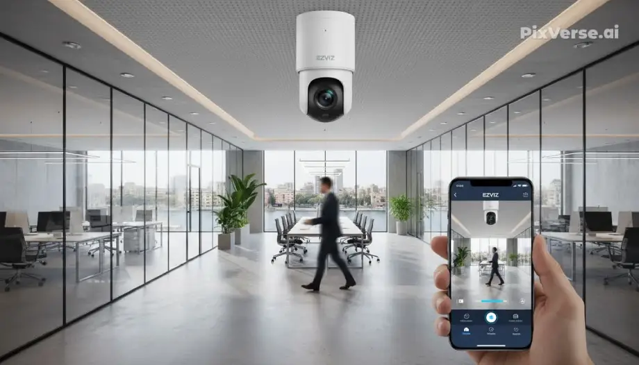 إظهار ميزة الـ 360 درجة والتتبع الذكي في مكتب عمل حقيقي بمصر، مع توضيح سهولة التحكم من الموبايل