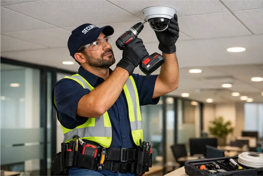 Expert technician performing security camera installation for a business