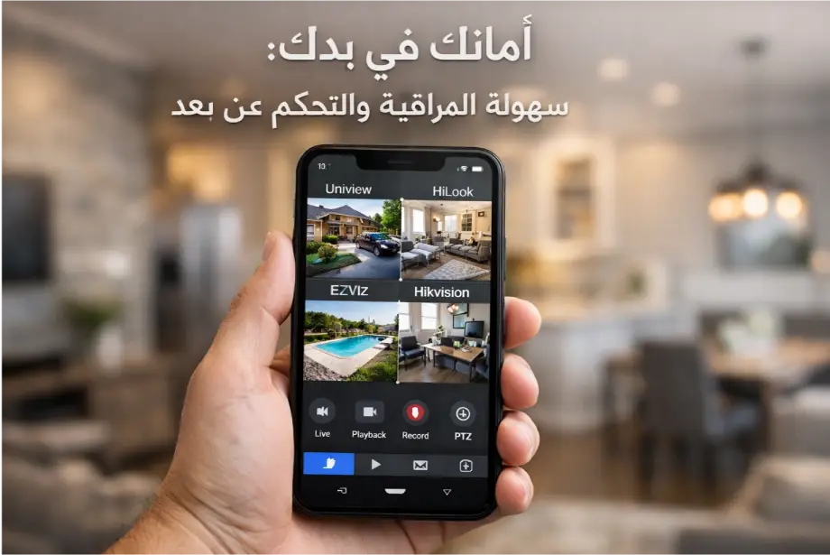 شخص يستخدم هاتفه الذكي لمراقبة منزله عبر تطبيق كاميرات المراقبة، مع ظهور واجهة تحكم تضم عدة كاميرات.