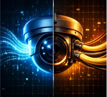 An expert pointing to a screen comparing different surveillance systems