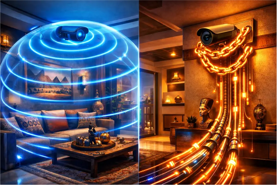 كاميرا مراقبة داخلية تغطي غرفة المعيشة بنطاق حماية واسع