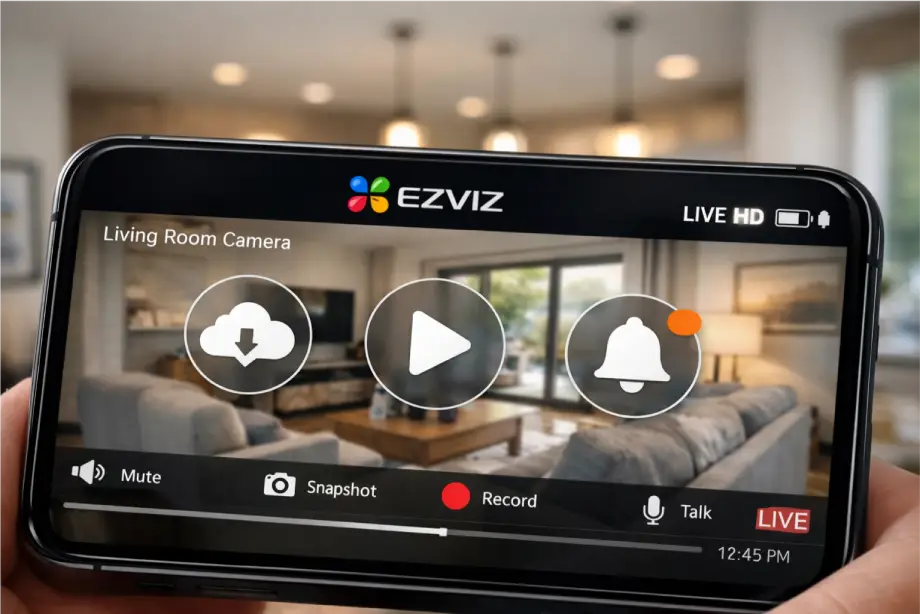 EZVIZ smartphone app interface displaying a live camera feed with icons for cloud storage, smart notifications, and remote monitoring