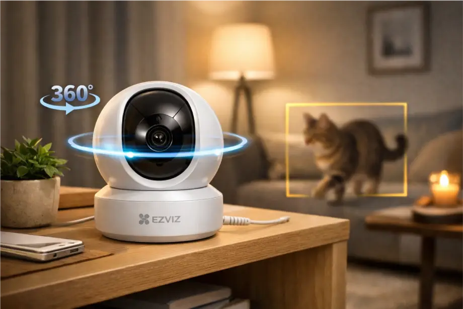 كاميرا مراقبة EZVIZ داخلية 360 درجة موضوعة في غرفة معيشة، توضح ميزة التتبع الذكي للحيوانات الأليفة والتغطية البانورامية الشاملة للمكان