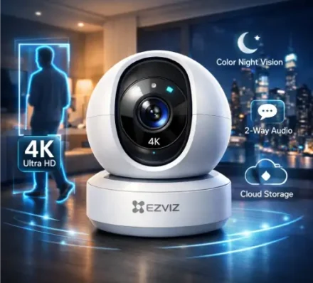 Smart EZVIZ security camera with 4K Ultra HD resolution, color night vision, two-way audio, and AI motion tracking in a modern home setting