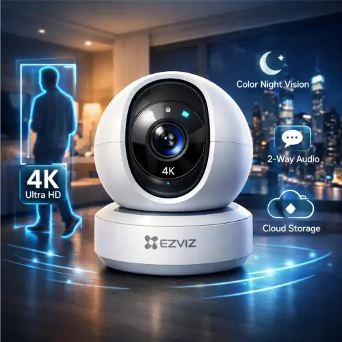 Smart EZVIZ security camera with 4K Ultra HD resolution, color night vision, two-way audio, and AI motion tracking in a modern home setting