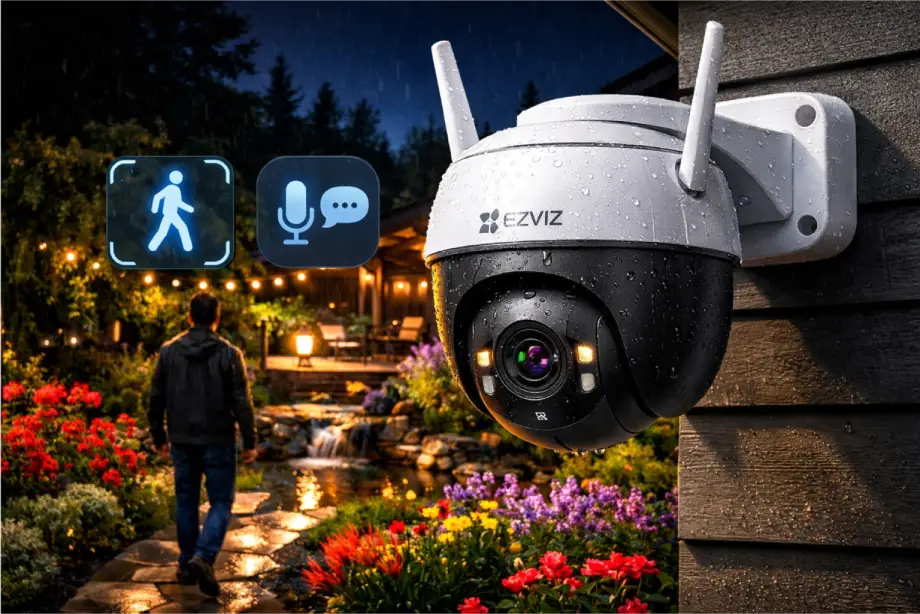 كاميرا مراقبة EZVIZ خارجية مقاومة للعوامل الجوية مثبتة على واجهة منزل، توضح ميزة الرؤية الليلية الملونة واكتشاف الحركة بالذكاء الاصطناعي في حديقة ليلية
