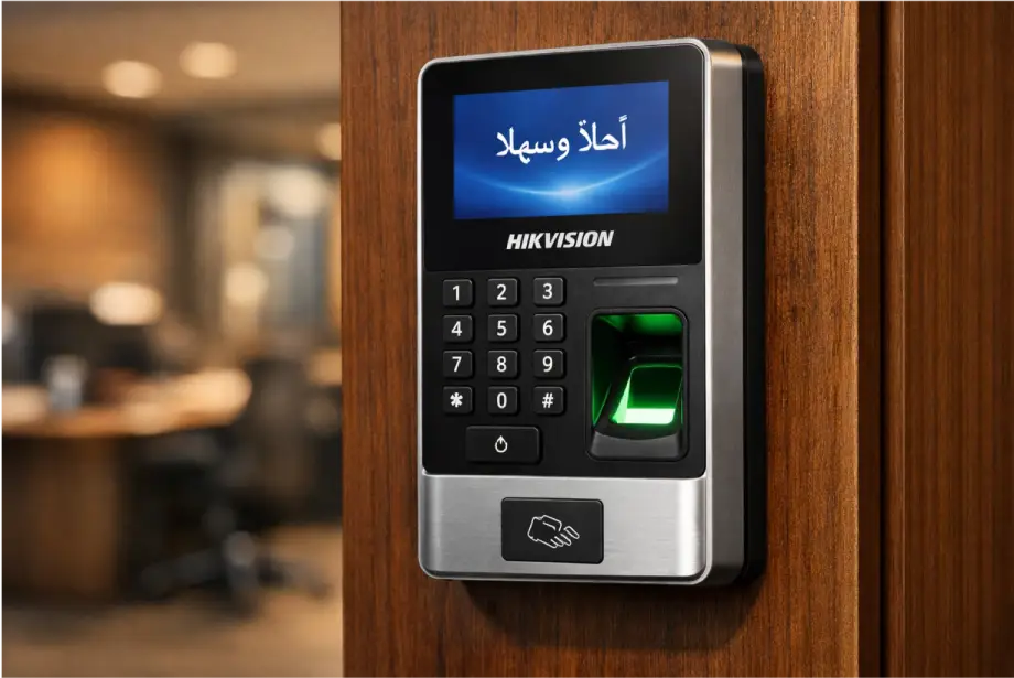 جهاز بصمة وكروت من أنظمة التحكم في الدخول Hikvision بواجهة عربية لتركيبات Cam Tower
