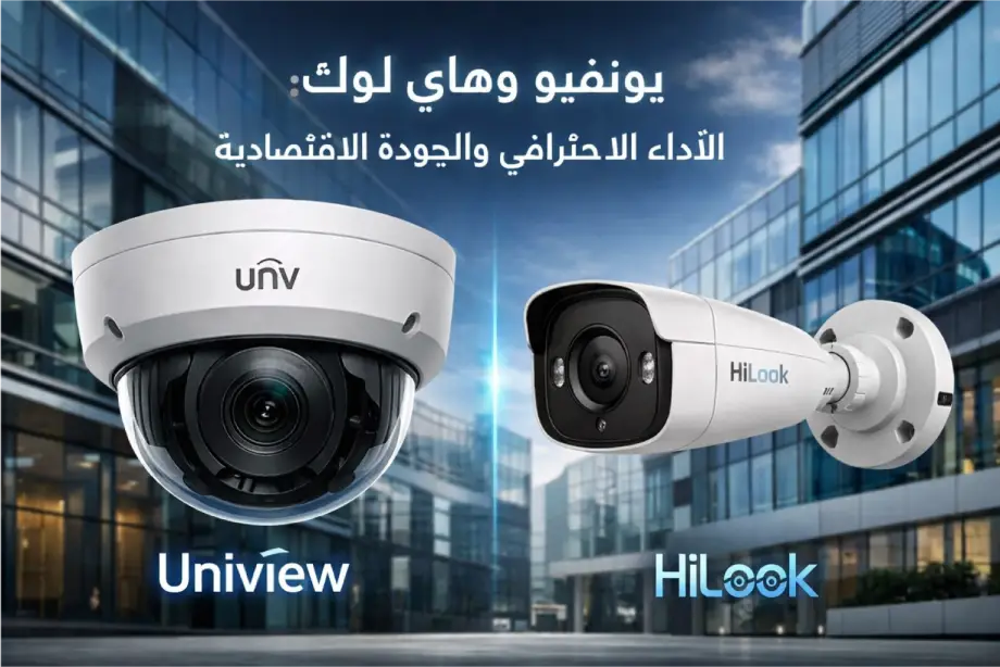 مقارنة بصرية بين كاميرا مراقبة يونفيو الاحترافية وكاميرا هاي لوك الاقتصادية توضح فرق التصميم والجودة.