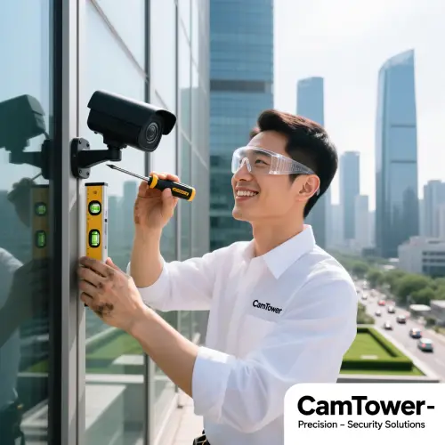 فريق عمل شركة Camtower أثناء التركيب الاحترافي لأنظمة الأمان في مصر
