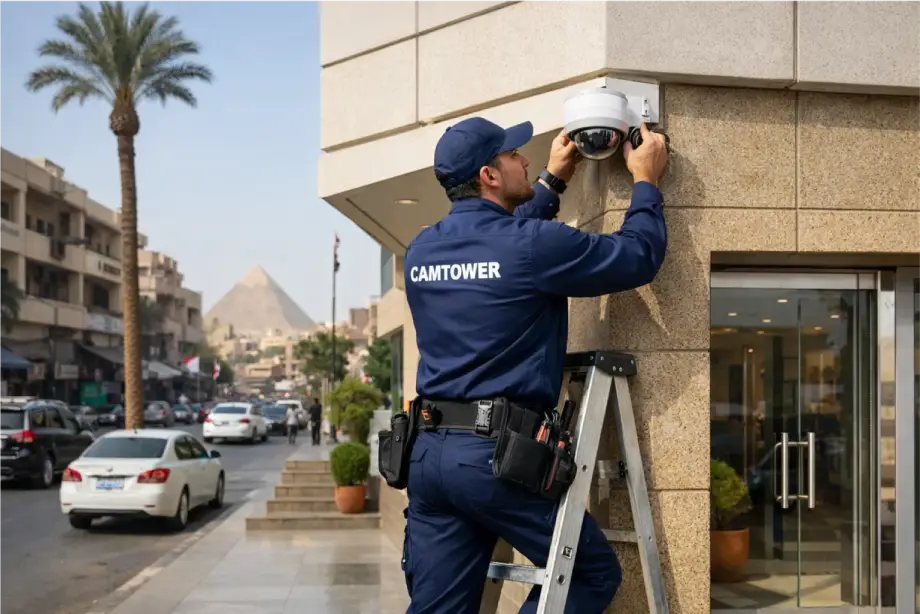 Camtower technician installing a security camera